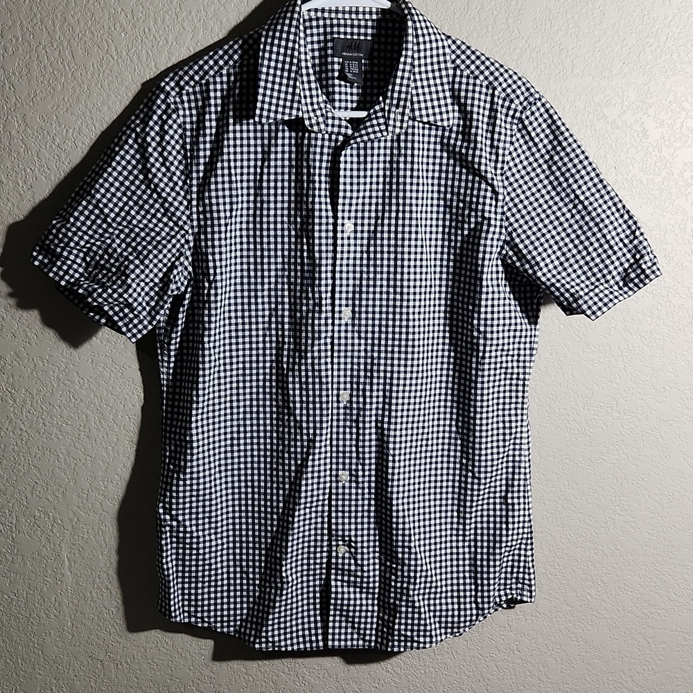 H&M Shirt Mens Size M 15 3/4 Gingham Black White Button Down Dress Shirt